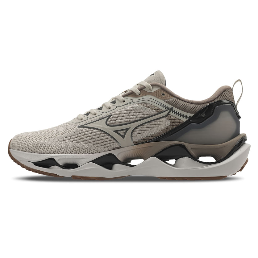 Vista lateral do tênis Mizuno Wave Stratos 3 bege masculino mostrando detalhes do cabedal e sola